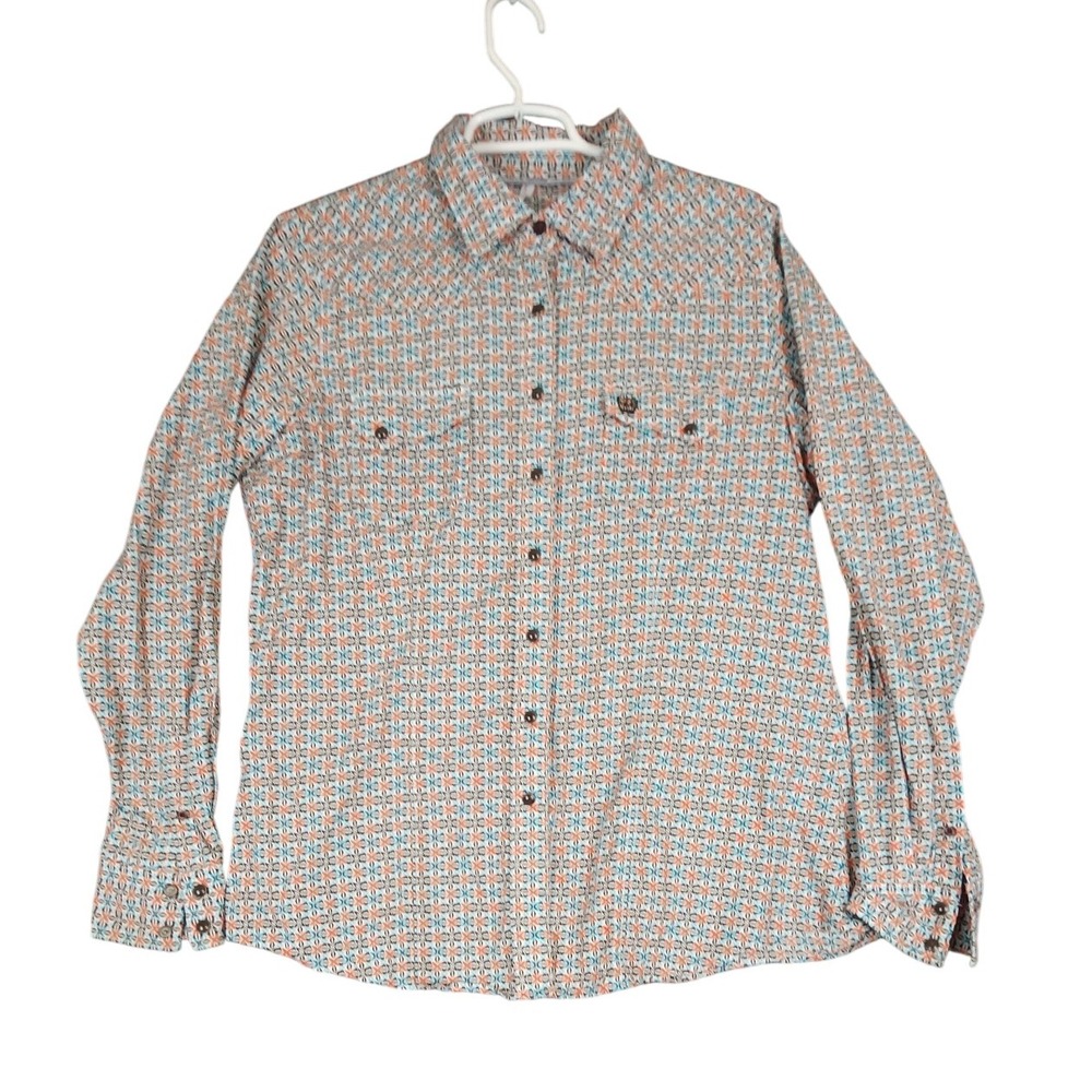 Cinch Womens XL‎ Western Shirt Orange Blue Geometric Print Long Sleeve